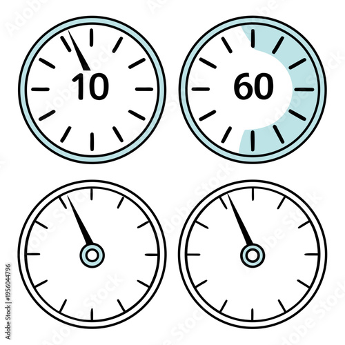 Different types of timer and stopwatch icons showing various intervals and progress status for sports or productivity tracking in line art style