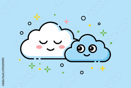 Cute Cartoon Cloud Characters Pair, White and Light Blue Smiling Cloud Mascots with Blushing Cheeks, Isolated on Light Blue Background with Sparkles and Dots Vector Illustration
