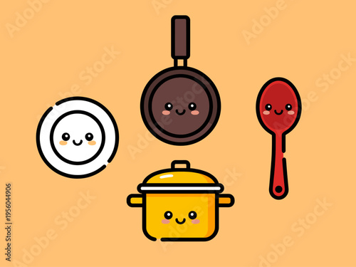 Cute Cartoon Kitchen Utensils Set, Smiling Plate, Frying Pan, Cooking Pot and Red Spoon Mascots on Orange Background Vector Illustration for Cooking and Food Themes