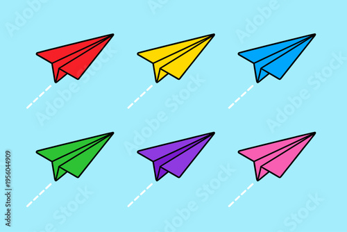 Colorful Paper Airplanes Set, Red, Yellow, Blue, Green, Purple and Pink Origami Planes with Trailing Dotted Lines, Isolated on Light Blue Background Vector Illustration