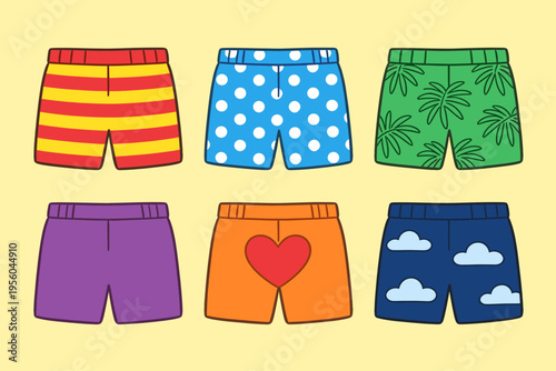 Colorful Cartoon Shorts Set, Striped, Polka Dot, Palm Tree, Solid Purple, Heart Pattern and Cloud Print Summer Shorts Isolated on Yellow Background Vector Illustration