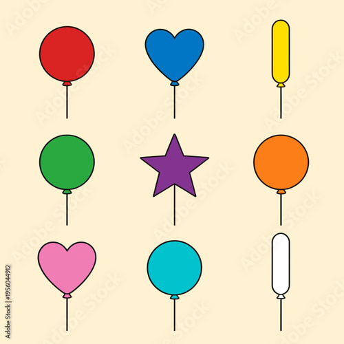 Colorful Balloons Set, Round, Heart, Star and Long Shape Balloons in Red, Blue, Yellow, Green, Purple, Orange, Pink, Turquoise and White Isolated on Beige Background Vector Illustration