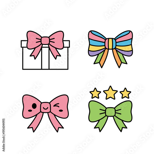 Cute Cartoon Bows and Gift Box Set, Pink, Rainbow and Green Bows with Gift Box and Stars, Isolated on White Background Vector Illustration for Celebration and Gifting Themes