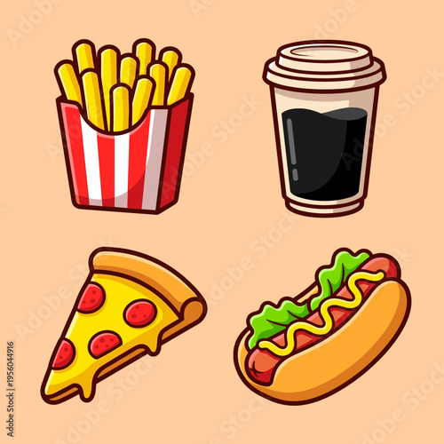 Cute Cartoon Fast Food Icons Collection, French Fries, Coffee Cup, Pizza Slice and Hot Dog Isolated on Peach Background, Vector Illustration for Menu, Restaurant and Snack Graphic Design