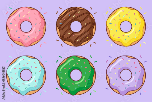 Colorful Cartoon Donut Icons Collection, Six Varieties of Frosted Donuts with Sprinkles Isolated on Purple Background, Vector Illustration for Bakery, Dessert and Pastry Graphic Design
