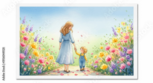 Vector illustration of mother and child in flower field