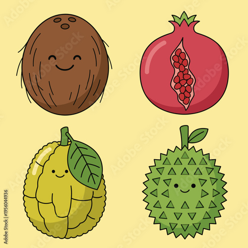 Cute Cartoon Tropical Fruit Icons Collection, Coconut, Pomegranate, Custard Apple and Durian Isolated on Yellow Background, Vector Illustration for Healthy Food and Nutrition Design