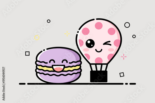 Cute Kawaii Cartoon Macaron and Hot Air Balloon Icons Set Isolated on Gray Background, MBE Style Vector Illustration for Sweet Treat and Leisure Graphic Design