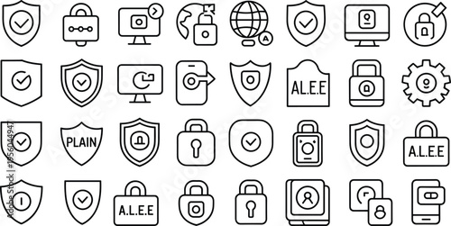 Collection of black and white security and encryption featuring shields, locks, and digital devices