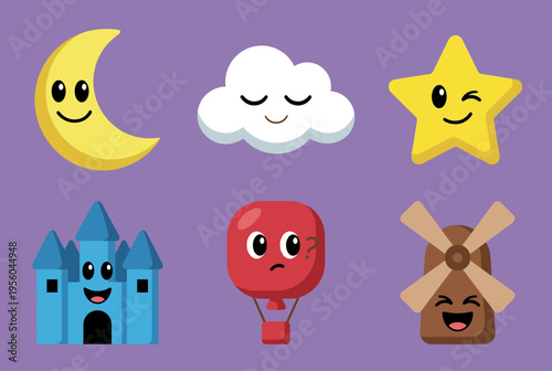 Cute Cartoon Fantasy Sky and Castle Icons Collection, Moon, Cloud, Star, Castle, Hot Air Balloon and Windmill Isolated on Purple Background, Vector Illustration