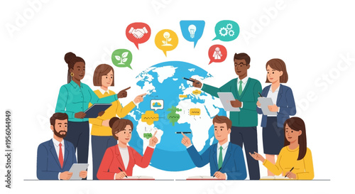 Diverse group of people collaborating around a global strategy map