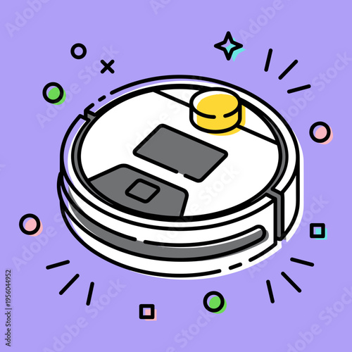 MBE Style Robot Vacuum Cleaner Vector Illustration, Smart Home Cleaning Device Isolated on Purple Background, Modern Household Appliance for Tech and Smart Home Graphic Design