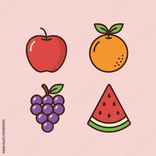 Fresh Fruit Icons Collection, Red Apple, Orange, Grapes and Watermelon Slice Isolated on Pink Background, Vector Illustration for Healthy Food and Nutrition Graphic Design