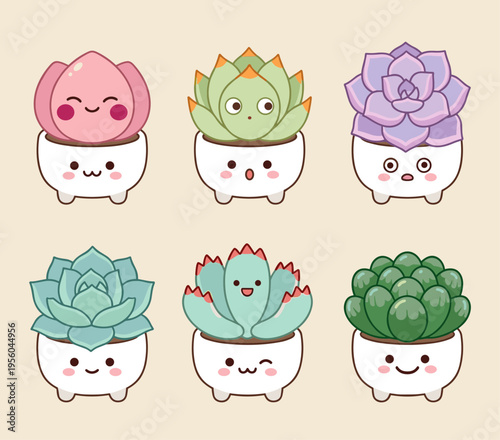 Cute Cartoon Succulent Plants in Adorable Face Pots Vector Illustration, Colorful Houseplants with Cheerful Expressions for Decor and Stationery