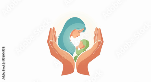 Vector illustration of mother holding baby, protection symbol