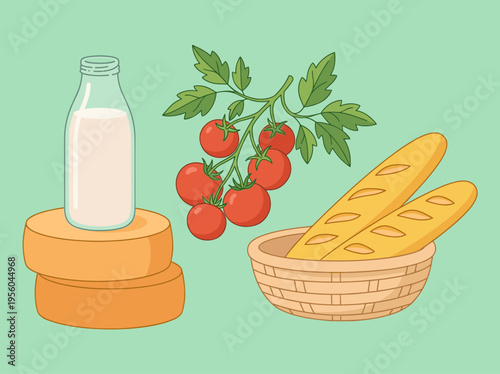 Healthy Breakfast Food Cartoon Vector Illustration, Milk Bottle, Fresh Tomatoes and Baguette Bread for Morning Meal and Diet Design