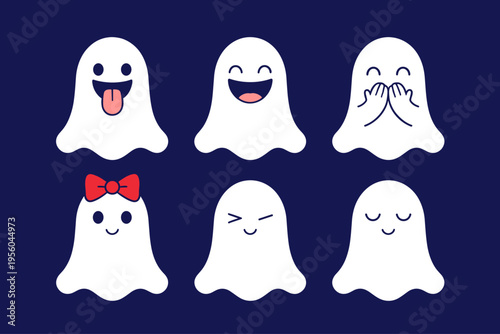 Cute Cartoon Ghost Characters Set Vector Illustration, Playful Spooks with Various Expressions for Halloween and Kids Party Design