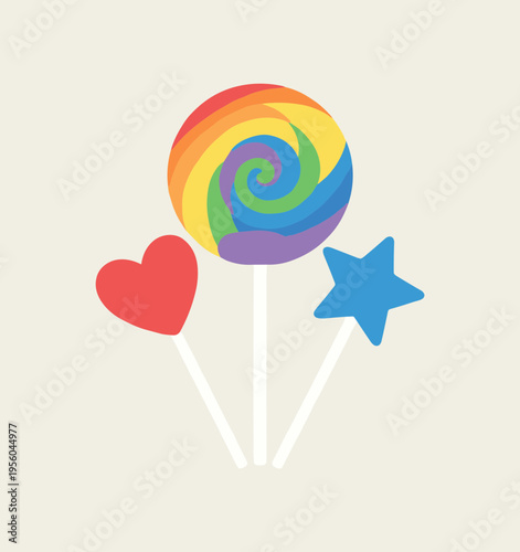Colorful Lollipops Cartoon Vector Illustration, Rainbow Swirl, Heart and Star Shaped Candies for Kids and Party Design