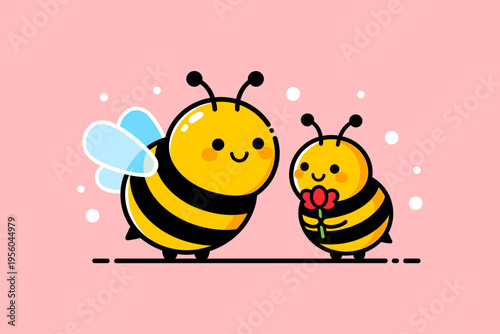 Cute Cartoon Bees Vector Illustration, Adorable Bee Family with Red Flower for Nature, Pollination and Kids Learning Design