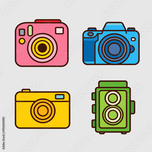 Cute Cartoon Camera Icons Set Vector Illustration, Retro and Compact Cameras for Photography, Hobby and Graphic Design Projects