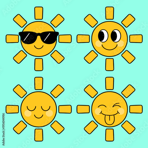 Set of Four Cute Cartoon Sun Characters with Different Expressions, Isolated on Turquoise Background, Smiling Sunglasses Winking and Tongue Out Vector Illustrations