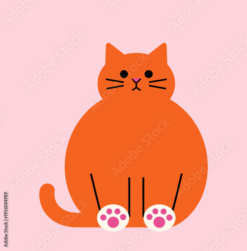 Cute Chubby Orange Cartoon Cat Sitting with Pink Paw Pads, Isolated on Pink Background, Adorable Feline Character with Curved Tail Vector Illustrations