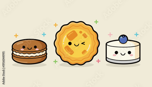 Cute Cartoon Desserts Vector Illustration, Macaron, Egg Tart and Blueberry Mousse Cake for Bakery and Sweet Treat Design