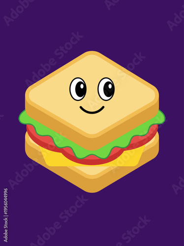 Cute Cartoon Sandwich Character with Smiling Face, Isolated on Purple Background, Delicious Toast with Lettuce Tomato and Cheese Vector Illustrations