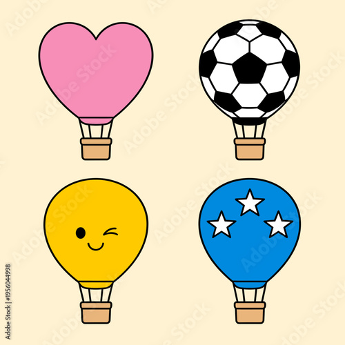 Set of Four Cute Hot Air Balloon Illustrations, Heart Shaped Soccer Ball Winking Emoji and Star Patterned, Isolated on Beige Background Vector Icons 