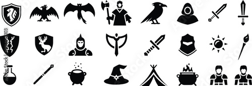 Collection of black medieval and fantasy including shields, swords, ravens, wizards, and magical symbols
