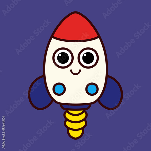 Cute Cartoon Rocket Character, Playful Vector Illustration of a Smiling Space Rocket with Colorful Design, Isolated on Dark Purple Background for Science and Kids Decorative Design