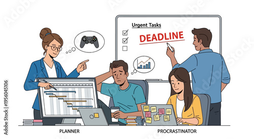Planner and procrastinator at work with deadline on whiteboard