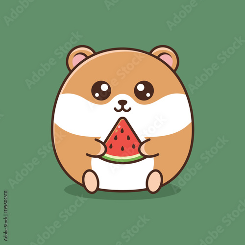 Cute Hamster Cartoon Character Holding Watermelon Slice, Playful Vector Illustration of a Fluffy Rodent, Isolated on Green Background for Summer Pet and Food Design