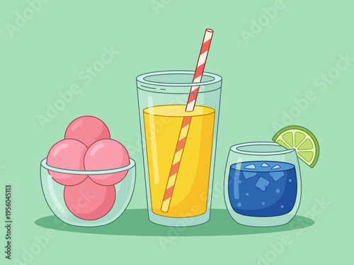 Refreshing Summer Beverages Set, Cute Vector Illustrations of Fruit Drinks, Iced Cocktails and Pink Dessert Balls, Isolated on Light Green Background for Food and Drink Design