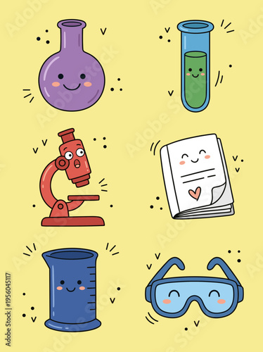 Cute Cartoon Science Lab Equipment Set, Colorful Flask, Test Tube, Microscope, Notebook, Beaker and Safety Goggles Illustration for Kids STEM Education