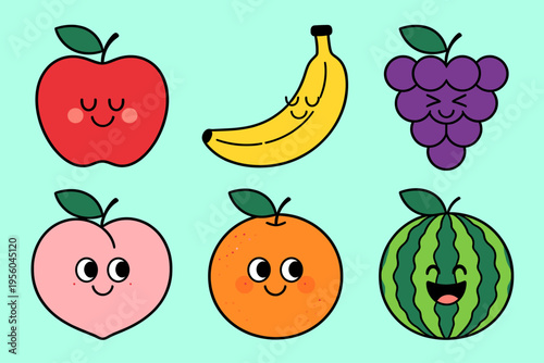 Cute Cartoon Fruits Set, Happy Apple, Banana, Grapes, Peach, Orange and Watermelon Characters, Colorful Fruit Illustration for Kids Healthy Eating