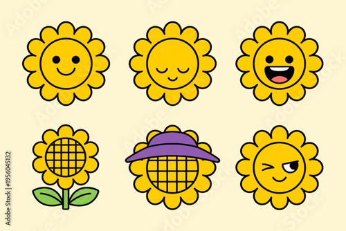 Fun Cute Cartoon Sunflower Emoji Set, Happy Smiling, Closed Eyes, Laughing, Winking and Hat Sunflower Characters Illustration for Kids Decor