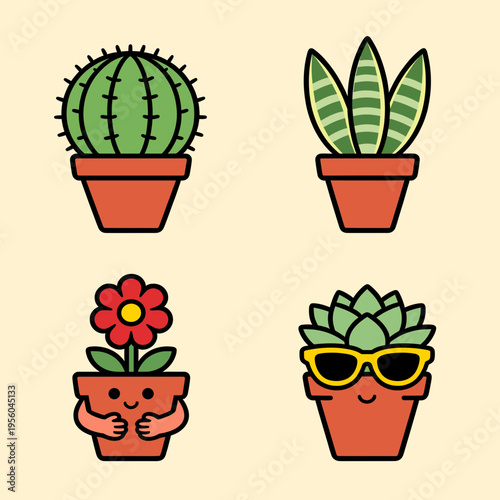 Cute Cartoon Potted Plants Set, Cactus, Snake Plant, Flowering Pot and Sunglasses Succulent Illustration for Kids Home Decor and Gardening