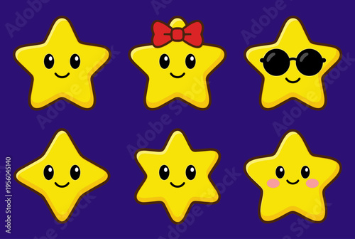 Cute Cartoon Star Characters Set, Colorful and Playful Happy Smiling Stars with Bow, Sunglasses and Blush Illustration for Kids and Decorative Use
