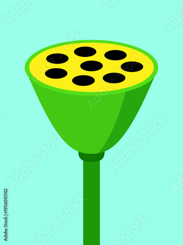 Lotus Seed Pod Illustration, Green Lotus Plant with Seeds Vector Isolated on Light Blue Background for Botanical, Zen and Calm Nature Design