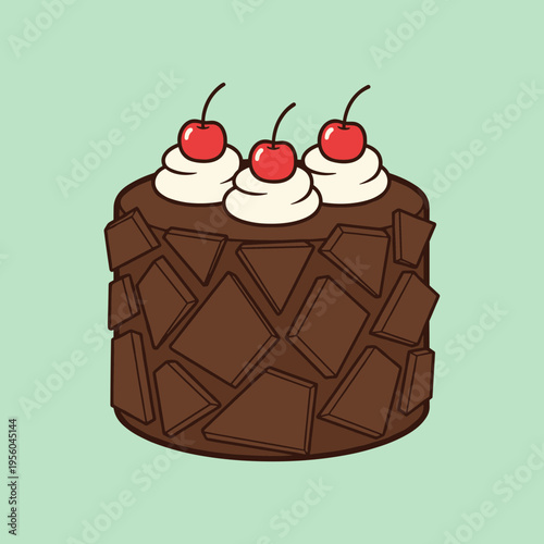 Chocolate Cake Illustration with Whipped Cream, Cherries and Chocolate Pieces, Sweet Dessert Vector for Kids Bakery and Birthday Celebration