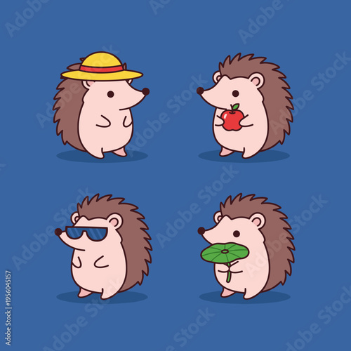 Cute Cartoon Hedgehogs Set with Straw Hat, Apple, Sunglasses and Lotus Leaf, Adorable Kawaii Style Vector Illustration Isolated on Blue Background for Kids and Decorative Projects