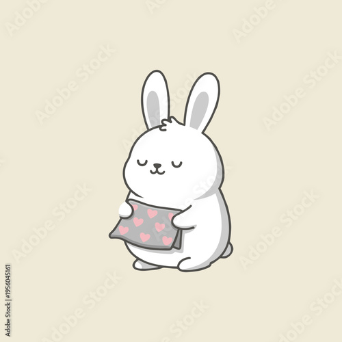 Adorable Cartoon White Rabbit Holding Pillow with Pink Hearts, Kawaii Style Vector Illustration on Beige Background, Cute Sleepy Bunny Character for Children and Stationery