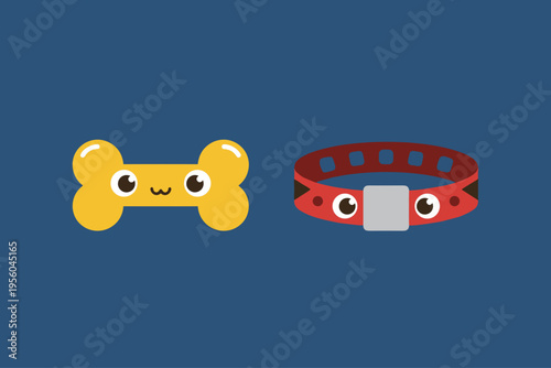 Adorable Cartoon Dog Bone and Red Collar with Cute Eyes, Kawaii Style Vector Illustration Isolated on Blue Background, Pet Accessories Character for Dog Lovers and Design