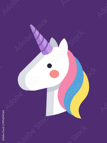 Cute Cartoon Unicorn Head with Colorful Rainbow Mane and Purple Horn, Kawaii Style Vector Illustration Isolated on Dark Purple Background for Fantasy and Kids Decor