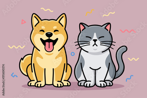 Cute Cartoon Shiba Inu Dog and British Shorthair Cat Sitting Together, Kawaii Style Vector Illustration Isolated on Pink Background, Pet Friends Character for Kids and Decor