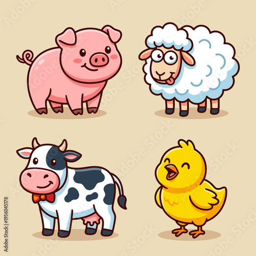 Adorable Farm Animals Set with Pig, Sheep, Cow and Chick, Kawaii Cartoon Vector Illustration Isolated on Beige Background for Kids and Agricultural Design Projects