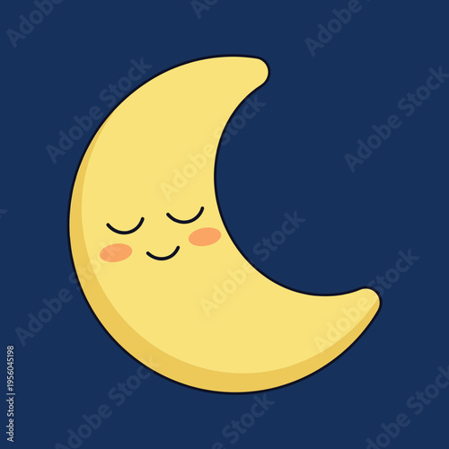 Cute Cartoon Crescent Moon Character with Closed Eyes and Blushing Cheeks, Isolated on Dark Blue Background