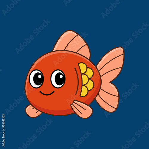 Cute Cartoon Goldfish Character, Smiling Red Goldfish with Yellow Scales and Pink Fins Isolated on Dark Blue Background Vector Illustration