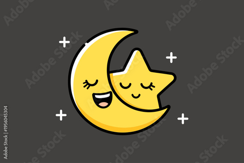 Cute Cartoon Crescent Moon and Star Characters, Smiling Yellow Moon with Closed Eyes and Winking Star Mascot on Dark Gray Background with White Plus Sign Accents Vector Illustration